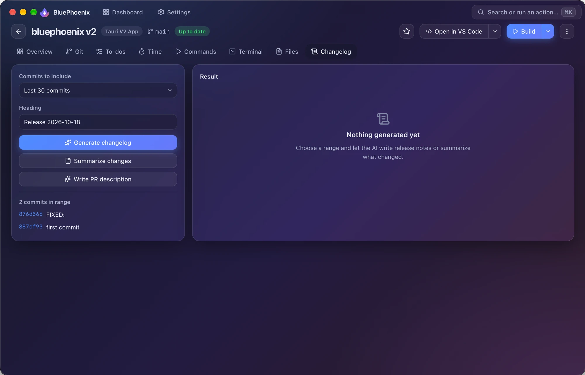 The Changelog tab with a commit list and generated notes