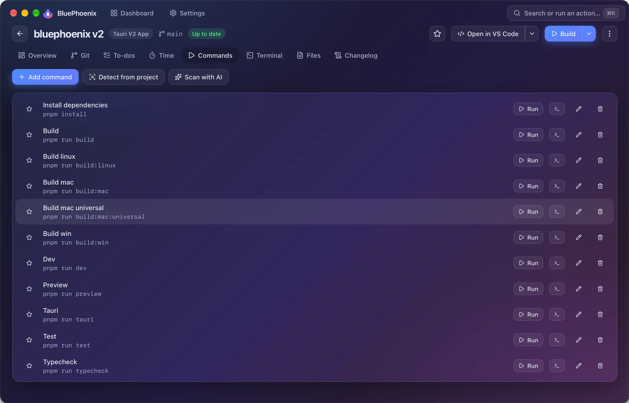 The Commands tab listing detected project commands