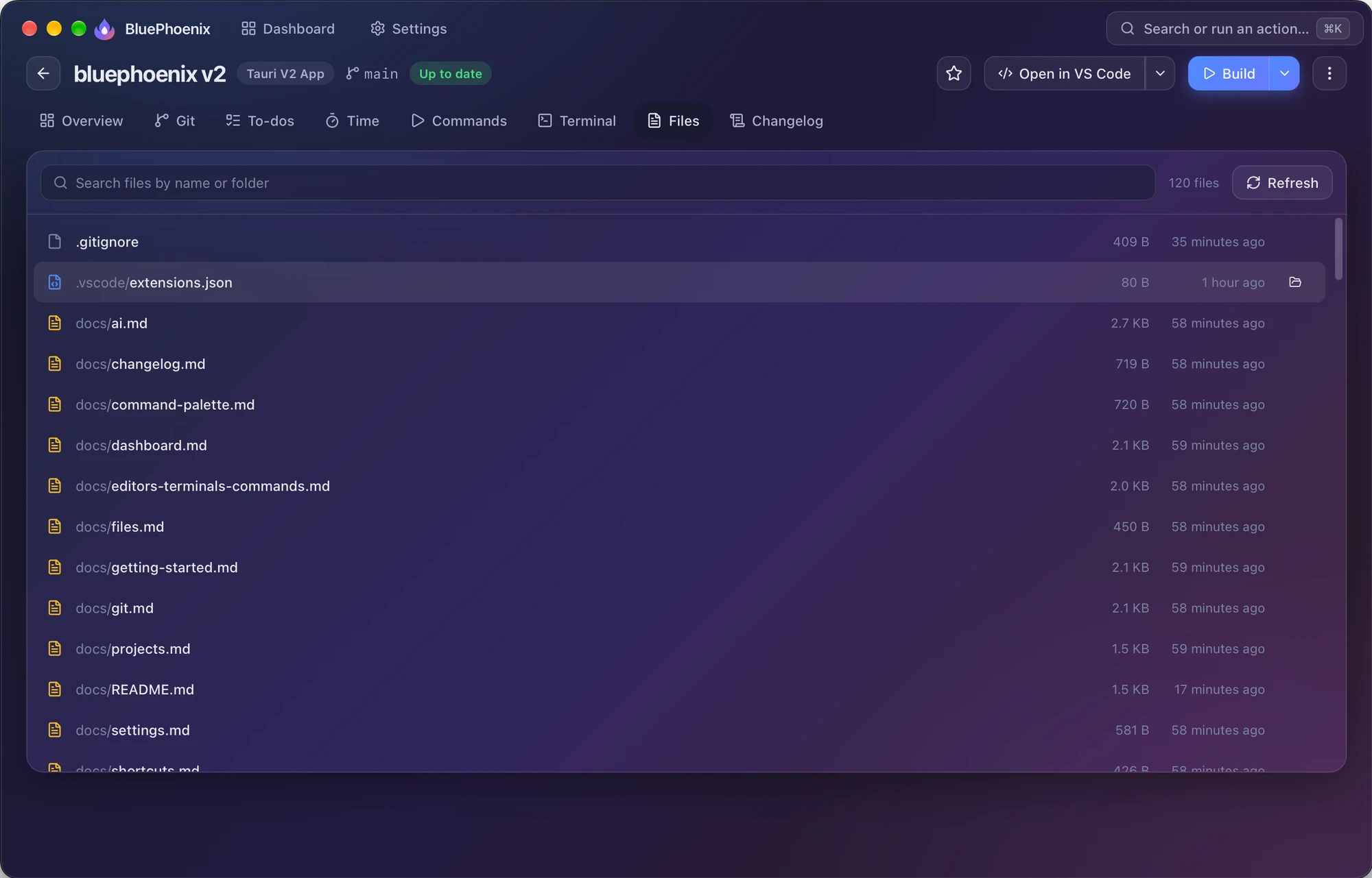 The Files tab with a search box