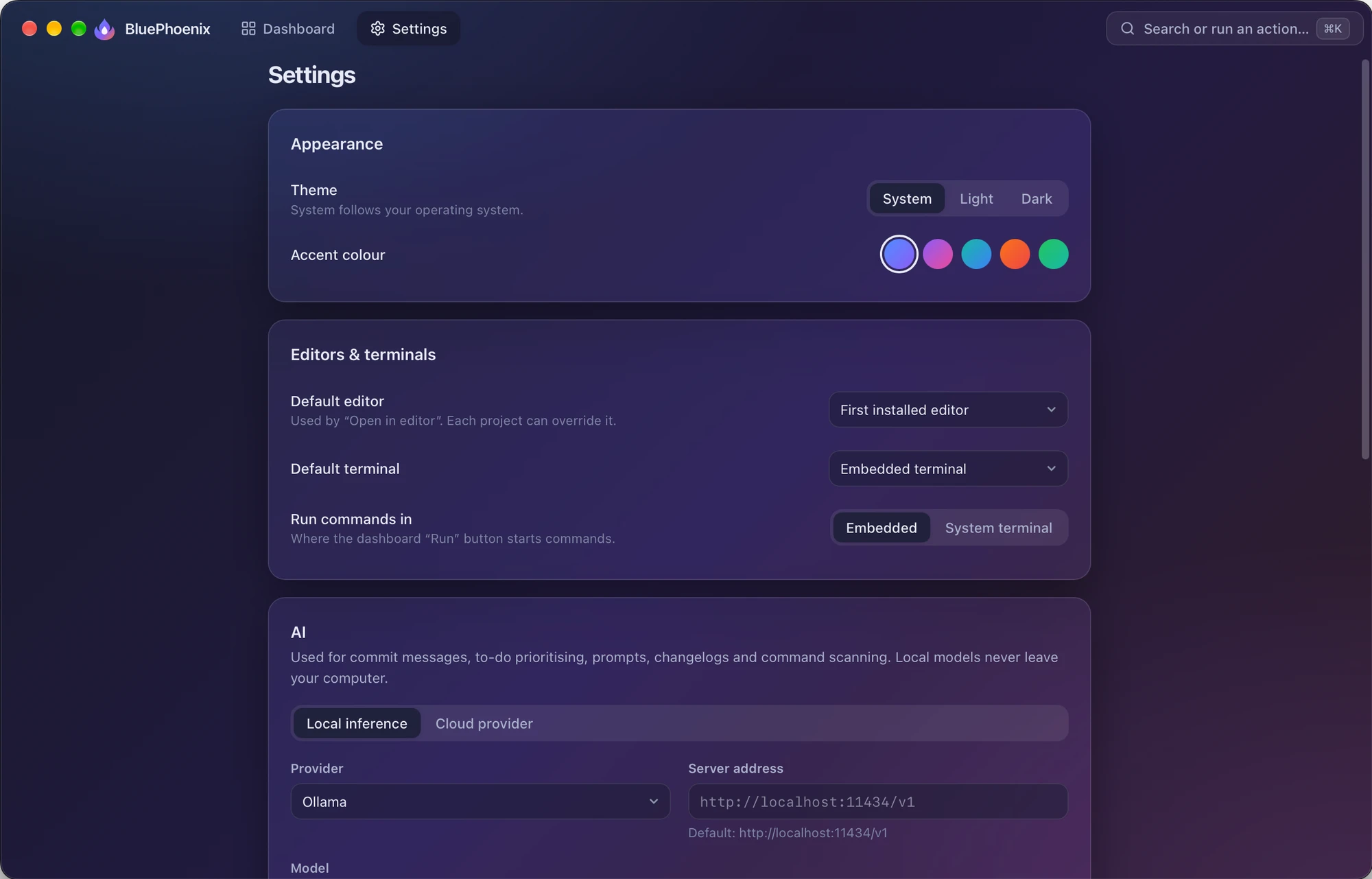 The Settings page